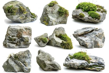 A collection of moss-covered rocks in a natural setting that are cut out. Generative Ai