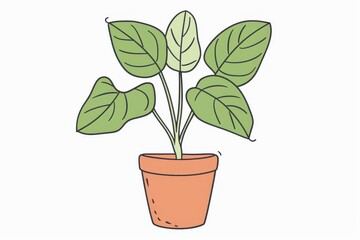 Elegant Minimalist Line Drawing of a Plant with Leaves and Pot on a Clean White Background