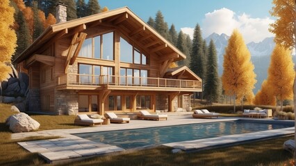 Obraz premium Architecture modern cozy chalet house with swimming pool on forest background, 3D building design illustration