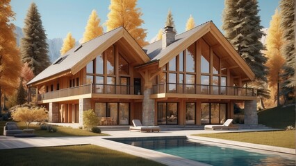Architecture modern cozy chalet house with swimming pool on forest background, 3D building design illustration