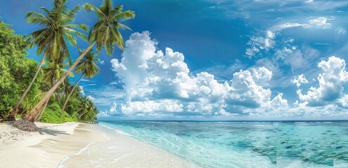 panoramic view of a tropical beach with palm trees and white sand with a blue sky and clouds, a panoramic banner for vacation 