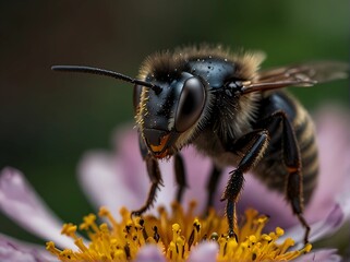 A golden yellow bee is flying over a sunflower. The stamens were clearly stuck to its fur. His wings fluttered quickly. Sunlight shines through the leaves and onto the flowers.