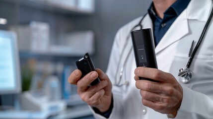 Smart Inhaler Device, Sleek Black, Demonstrated by a Doctor in a Clinical Setting