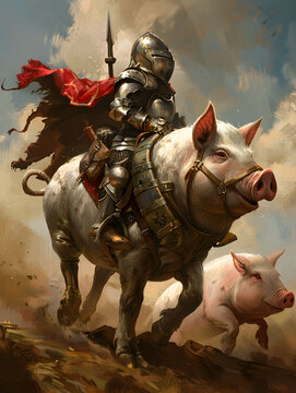 A pig knight clad in shining armor riding a loyal pig