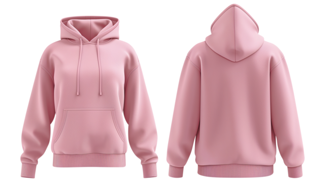 Pink blank hoodie template from two sides isolated on transparent white background, clipping path 