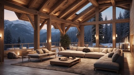 Fototapeta premium Architecture modern cozy chalet house with white snow in cool winter evening, 3D building design illustration