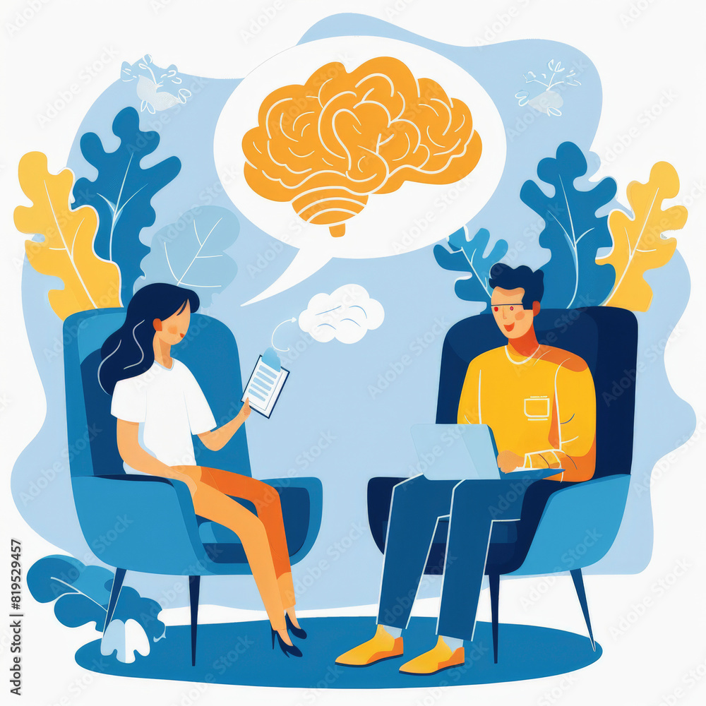 Poster two animated characters in a stylized setting: a woman holding a book and a man with a laptop engagi