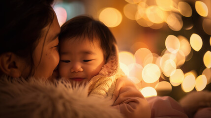 A woman holding a child close, both with content expressions, against a backdrop of warm bokeh lights, suggesting a cozy, intimate holiday moment.