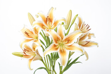 Closeup of delicate white and yellow lilies on a white background
