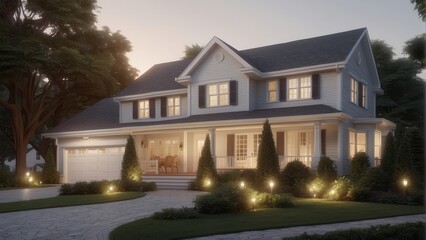 Architecture cozy classic house in colonial style on clear summer evening, 3D building design illustration