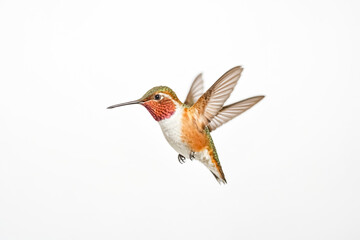 Fototapeta premium Hummingbird in Flight with Blurred Wings Against White Background