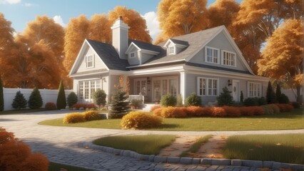 Architecture cozy classic house in colonial style on sunny autumn day, 3D building design...