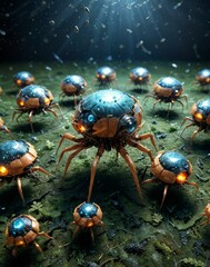 Naklejka premium The Nanite Swarm: Billions of Microscopic Nanobots Forming Collective Intelligence