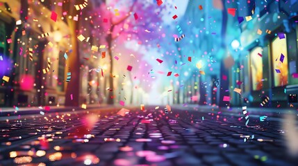 A street party with rainbow confetti, 3D render, festive atmosphere, vibrant colors