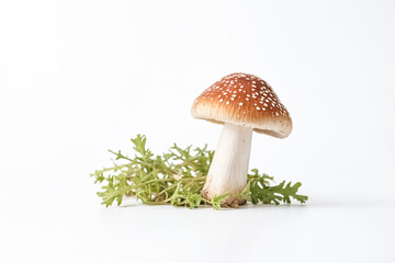 Mushroom with green leaves on white background