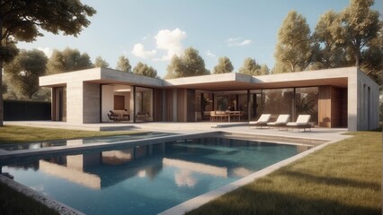 Fototapeta premium Architecture modern one-story house with flat roof and swimming pool, Exterior 3D building design illustration