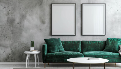Two blank frames, pale grey wall, emerald green velvet sofa, minimalist white table; ultra HD interior.