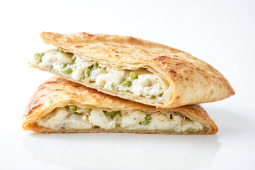 Closeup of a flaky pastry filled with cheese and green vegetables