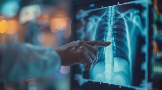 A healthcare professional is analyzing a chest X-ray on a digital screen, likely discussing or diagnosing a patient's lung condition.