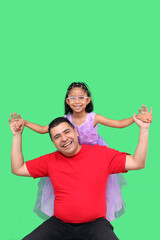 Divorced single dad plays with his brunette Latin daughter in a princess dress, they show their love and celebrate Father's Day with green screen