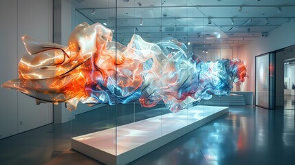 A side view of a futuristic art installation where robotic arms create dynamic sculptures