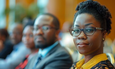 confident young american african woman in meeting with colleague.
