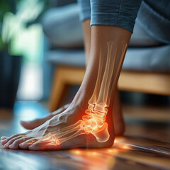 A person experiencing foot pain highlighted by an illustrative overlay of skeletal foot anatomy indicating areas of discomfort or injury in the foot and ankle.