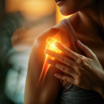 A person experiencing shoulder pain with a visual overlay highlighting inflammation in the joint, indicating a possible sports injury or joint condition.