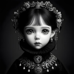 Eine schwarz-weiße Puppenillustration mit großen, ausdrucksvollen Augen, verziert mit aufwendigem, gotischem Kopfschmuck aus Blumen und Perlen. Das Puppengesicht wirkt lebendig