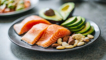 balanced diet: salmon fillet, avocado, nuts, and fruits on a plate, emphasizing omega-3 and omega-6 balance