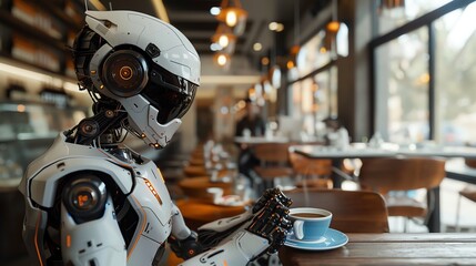 An advanced humanoid robot serving coffee in a chic cafe, front view, showcasing the integration of robots in daily life, in a robotic tone using a Complementary Color Scheme