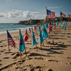 "D-Day: A tribute to the fallen."Background: A turquoise beach with a line of commemorative flags.