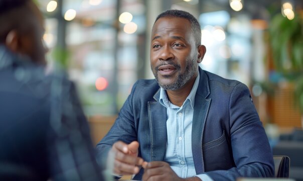 group of african american people colleague discussing in a meeting. wearing blazer and suit shirt.