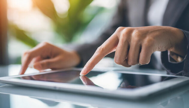 woman's hand holding digital tablet, finger pointing at screen, symbolizing modern business analysis technology