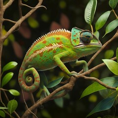 Green chameleon clinging to a branch