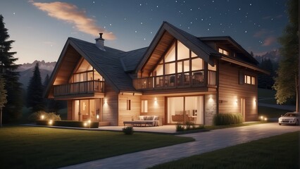 Architecture modern cozy house in chalet style on summer night, 3D building design illustration