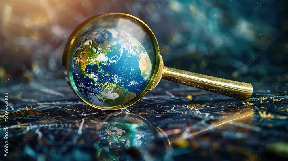 Poster magnifying glass is placed on a surface with a globe in the center. the globe is surrounded by a ref