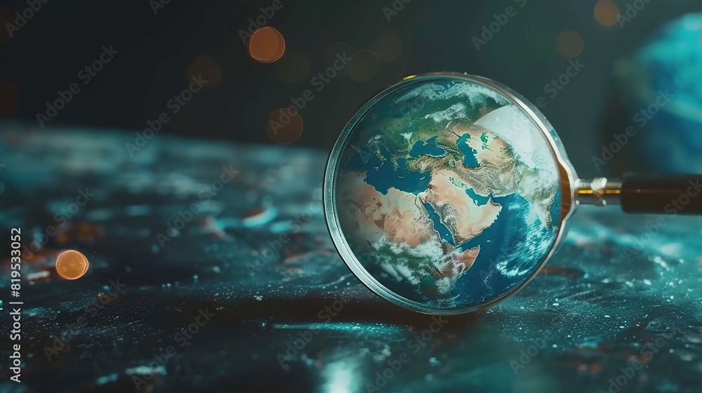 Poster magnifying glass is placed on a surface with a globe in the center. the globe is surrounded by a ref