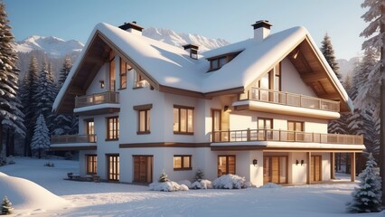 Architecture modern cozy house in chalet style with winter white snow, 3D building design...