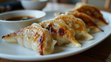 Plate of dumplings or gyoza with sauce. The dumplings are golden brown and look delicious