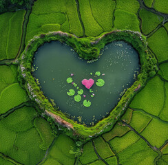 A heart-shaped pond surrounded by green grass, with lotus flowers blooming in the middle of it and rice fields growing nearby, Valentine's Day
