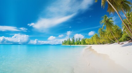 lovely beach banner with a tropical theme. Travel tourism broad panorama background concept with white sand and coco palms. breathtaking scenery along the beach