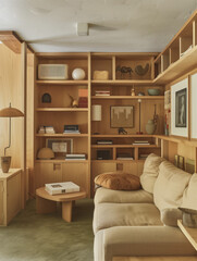 bright room with a sofa and a wooden beige wardrobe and light from the window interior design