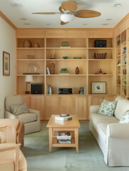 bright room with a sofa and a wooden beige wardrobe and light from the window interior design