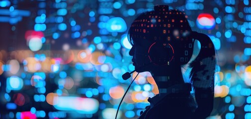 AI for multilingual chatbots focus on translation, ethereal, silhouette, international call center backdrop