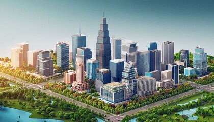 A small busy town  surrounded by tall buildings map isometric 3D render of a bustling city skyline featuring skyscrapers, green parks, and busy streets, background Full of green trees