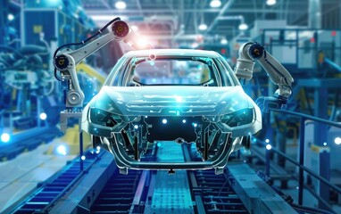 Impact of AI on the automotive industry focus on innovation, dynamic, Composite, manufacturing plant backdrop