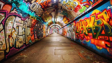 Colorful tunnel with graffiti on the walls. Long tunnel. The graffiti is colorful and covers the entire wall