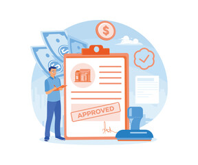 Man buys property with a mortgage. Get bank approval and sign it. Mortgage process concept. Flat vector illustration.