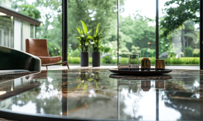 Fototapeta premium conference table overlooking trees with transparent window
